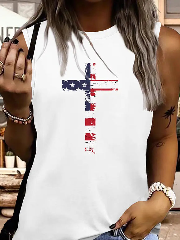 USA Flag Cross Christian Print Graphic Tank Top