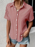 Striped Open Button Short Sleeves Blouse