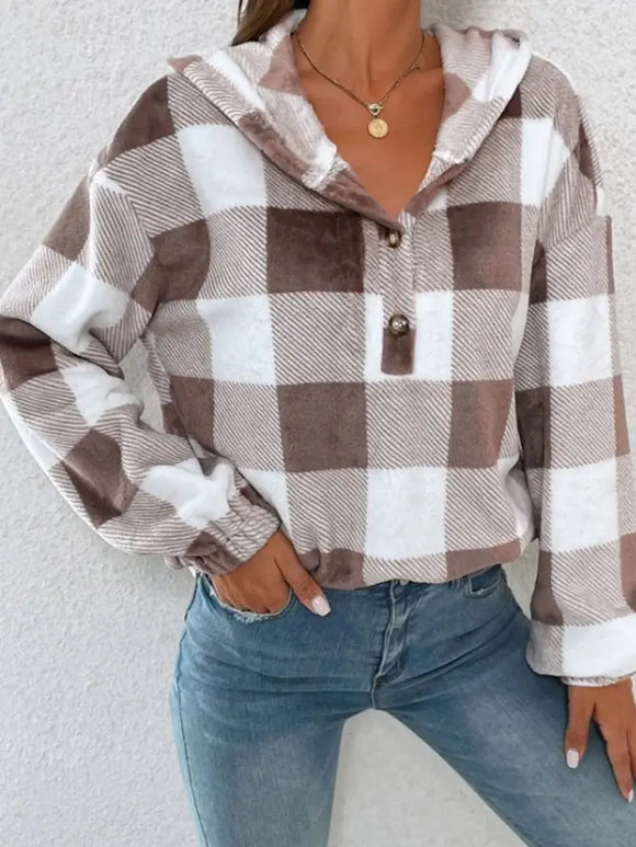 Plaid Long Sleeves Hooded Sweatshirt