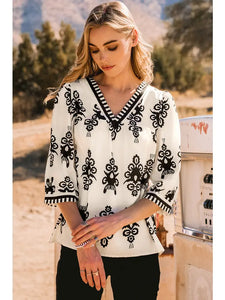 Fashion-W Boho Vintage Geometric 3/4 Sleeve V Neck Blouse