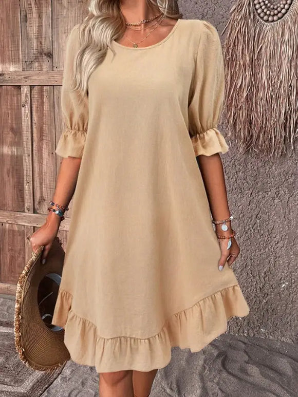 Flare Sleeves Ruffle Plain Mini Dress