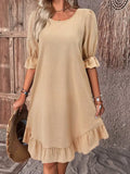 Flare Sleeves Ruffle Plain Mini Dress