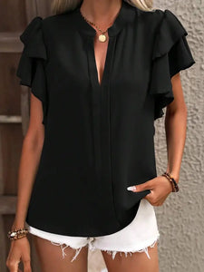 Plain V Neck Dual Ruffles Sleeves Blouse