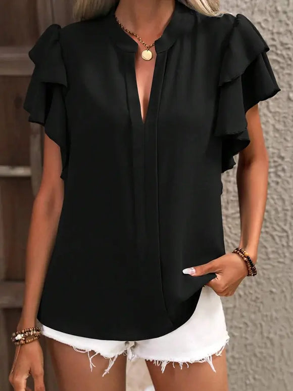Plain V Neck Dual Ruffles Sleeves Blouse