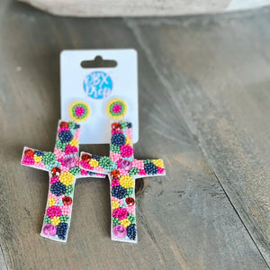 BRIGHT MUIL-COLOR EASTER CROSS SEED BEADED DANGLE EARRINGS