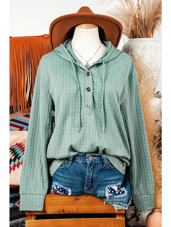 Fall Button Front Textured Drawstring Hooded Long Sleeve Top