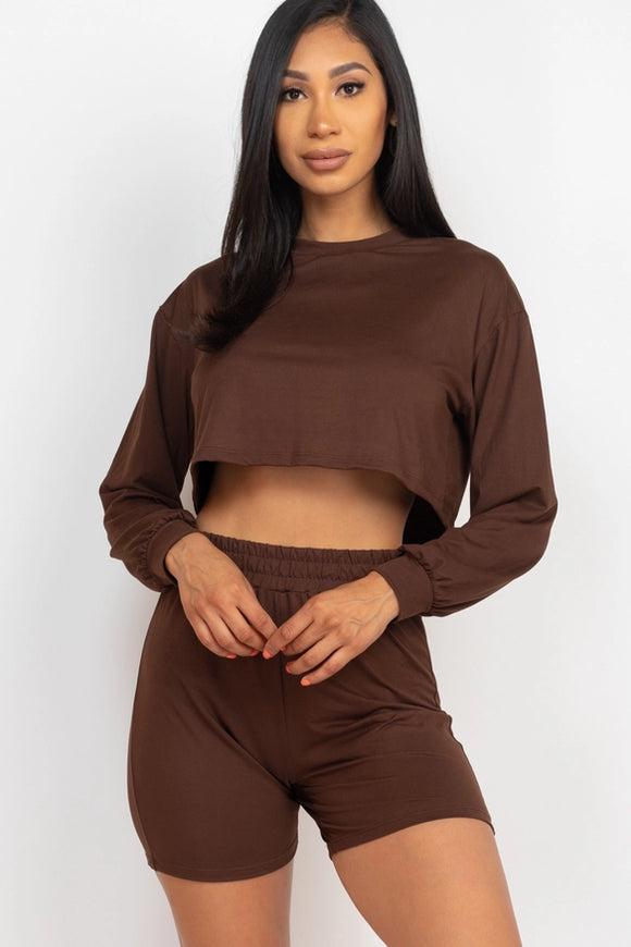 Cozy Long Sleeve Crop Top & Active Bike Shorts Set-COLOR COFFEE