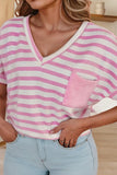Stripe V Neck Patched Pocket Casual T Shirt