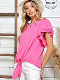 Plus Solid Double Ruffled Sleeve Top W Front Tie