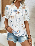 Ruffled V-Neck Floral Printed Puff Sleeve Blouse