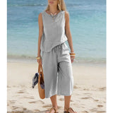 Round Neck Striped Sleeveless Top & Cropped Pants Set
