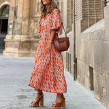 Round Neck Lantern Sleeve Printed Dress