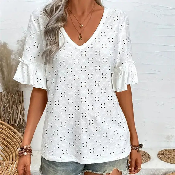 Knitted Embroidered Hollow Out Ruffled V Neck Short Sleeved Shirt T Shirt