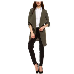 Womens Casual Long Blazer Jacket with Belt-Olive