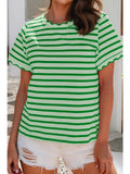 Scalloped Trim Round Neck Stripe T Shirt