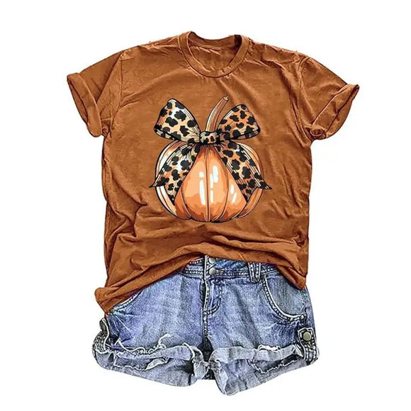 Leopard Print Bow Pumpkin Print T-Shirt