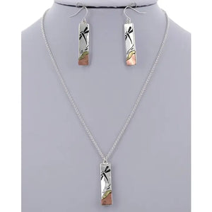 Silver Tri-Tone Rectangle Dragonfly Necklace Set