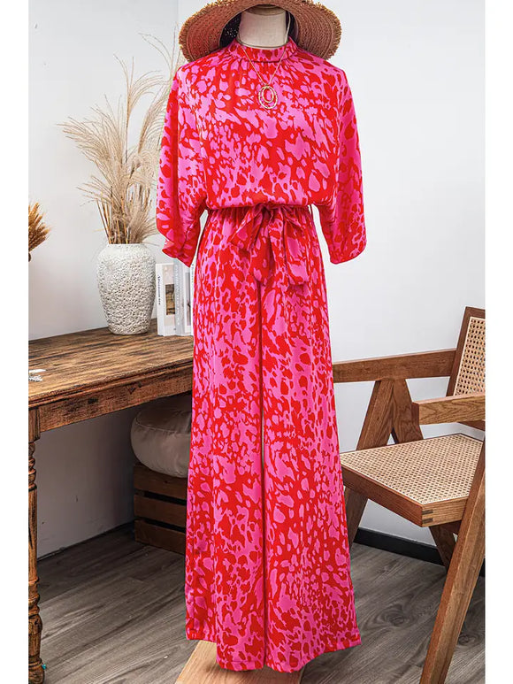 Leopard Western Loose Sleeve Belted Wide Leg Jumpsuit