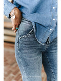 Mid Wash Cuffed Boyfriend Jeans W Studded Pocket