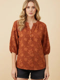 Textured Floral Puff Sleeve Split Neck Blouse