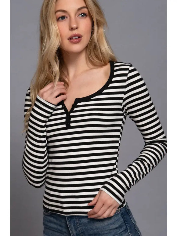 Long Slv Henley Neck Stripe Brushed Rib Top