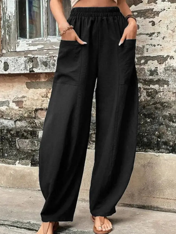 Plain Elastic Waist Pockets Wide Leg pant