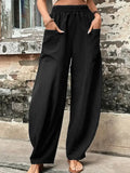 Plain Elastic Waist Pockets Wide Leg pant