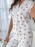 Lace Trim Red Cherry Print Top Lounge Pajama Valentines Set