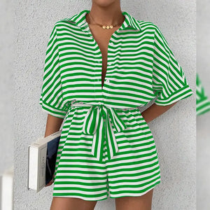 Summer Striped Lapel Button-Up Belted Shorts Romper