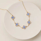 Blue Floral Clover Enamel Necklace – Gold Tone