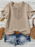 Lace Spliced V-Neck Short-Sleeve Top with Ruffled Edges