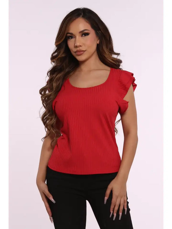 Womens Ruffle Sleeves Rib Knit Tank Tops