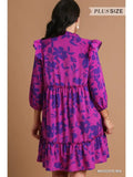 Plus SIZE Tiered Floral Print 3/4 Sleeve Ruffle Neck Tie Dress