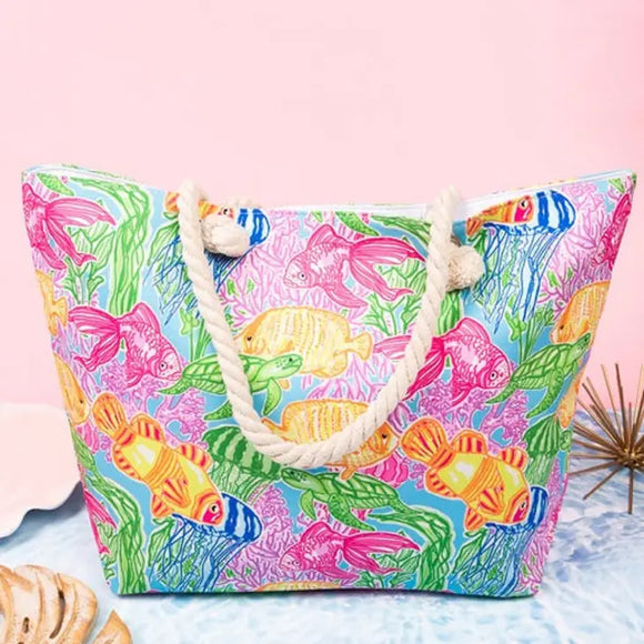 Hand Drawn Fish Print Beach Tote Bag