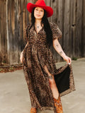Brown Leopard Puff Short Sleeve Overlap Slit Hem Maxi Dress