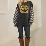 Solid and Stripe Contrast Halloween Patch Top