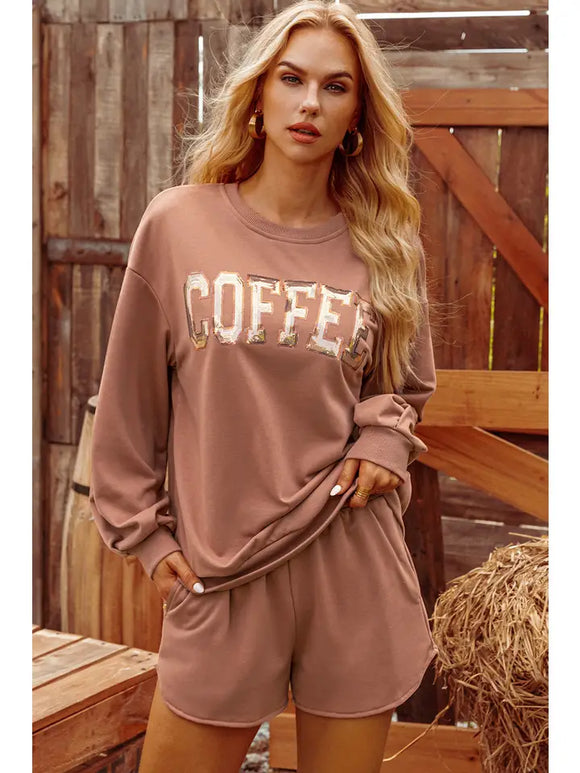Fashion-W Sequin Coffee Loose Fit Sweatshirt and Shorts Set