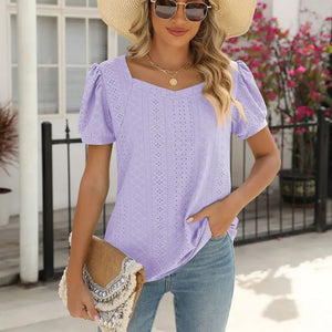 Square Collar Splicing Short Sleeved