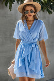 Aline V Neck Wrap High Waist Belt Ruffle Hem Dress