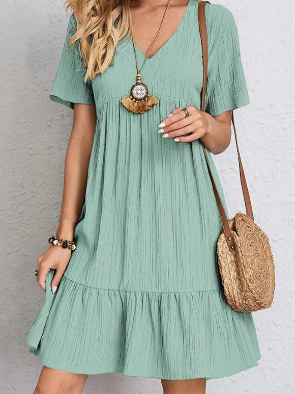 Spring Summer V Neck Short Sleeves Splicing Dress