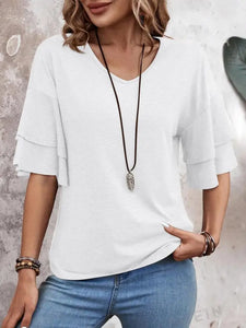 V-Neck Ruffle Sleeve Loose Short-Sleeved T-Shirt