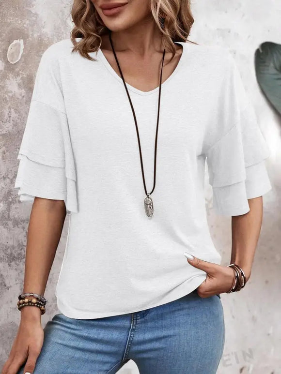 V-Neck Ruffle Sleeve Loose Short-Sleeved T-Shirt
