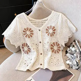Floral Buttoned Blouse with Intricate Patterns-ONE SIZE