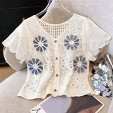 Floral Buttoned Blouse with Intricate Patterns-ONE SIZE