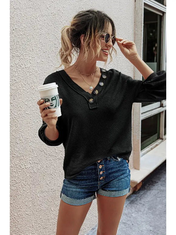 Solid Waffle Knit Button V Neck Lantern Sleeve Shirt