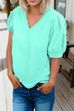 Plus Size Solid Color V Neck Short Puff Sleeve Blouse