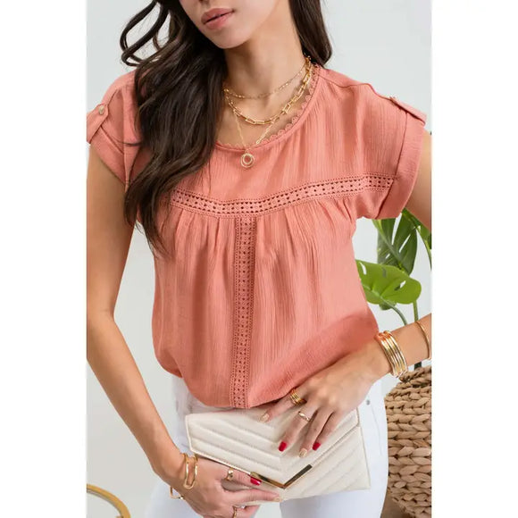 Lace Trim Roll Tab Sleeve Blouse