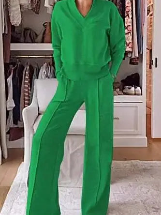 Plain V-Neck Sweatshirt Elastic Waist Wide Leg Lounge Set