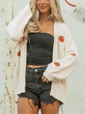 White Pumpkin Print Open Front Drop Shoulder Midi Cardigan