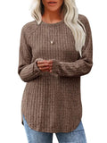 Solid Ribbed Knit Tunic Top Curved Hem Long Sleeve